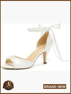 Low Heel Wedding Sandals with Pearl Ankle Strap Satin Bride Shoe